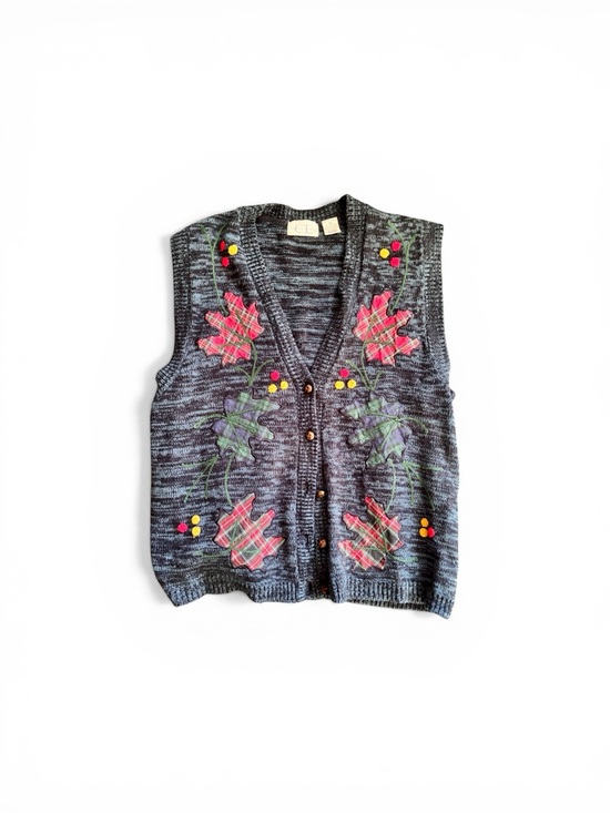 Cricket Lane Sweaters - Cricket Lane Sz M Oversized Button-Front Autumn Leaves Knit Vest - Heather Blue